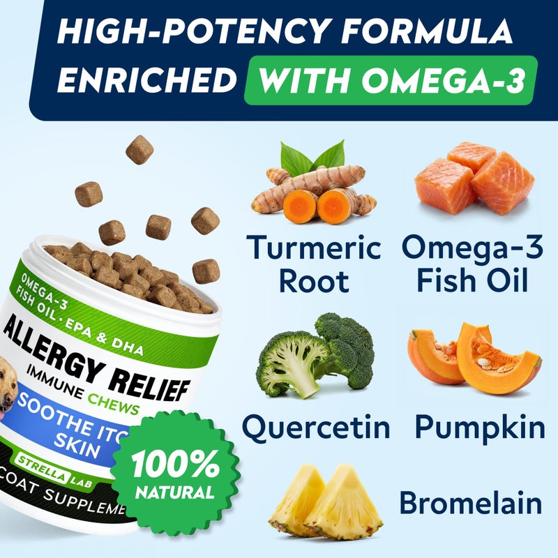 StrellaLab Dog Allergy Relief & Anti Itch Support Chews w/Omega 3: Real Ingredients, Real Taste! Skin & Coat Immune Supplement w/Fish Oil, Pumpkin & Enzymes â€” Developed by Experts - Made in USA -120Ct - Image 3